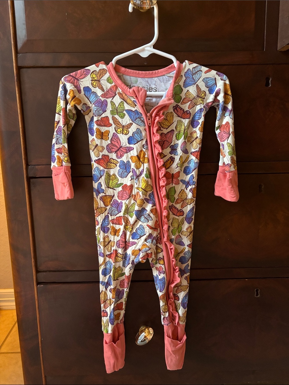 Goosies Cream One-Piece Pajamas with Multicolor Butterfly Print and Pink Trim